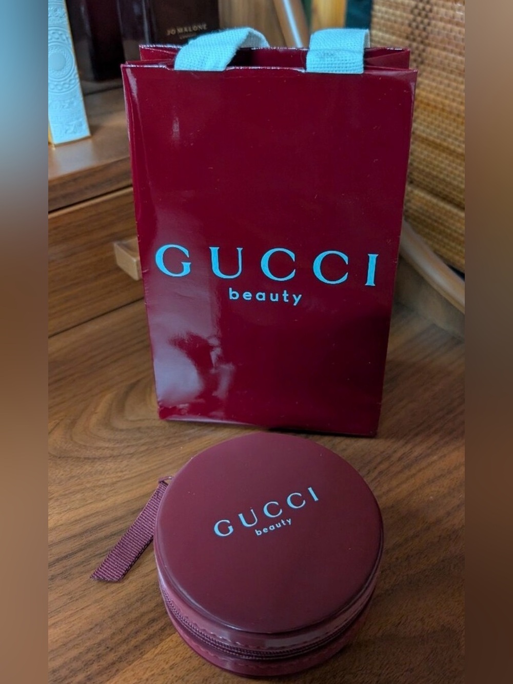 Gucci Beauty GWP✨❤️🤎 Burgundy Mini Round Cosmetic Case with Matching Gift Bag